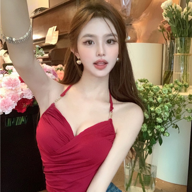 ✁✘cropped top red v-neck babes suspender baru anti-light top women s retro slim halter neck short vest bottoming niche #COD