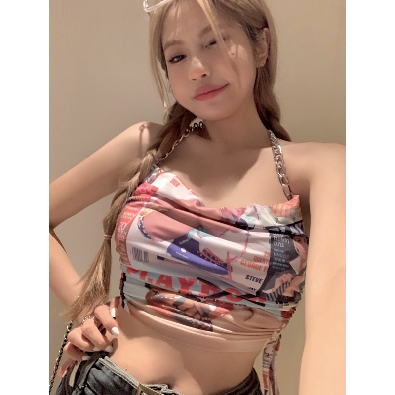 ☜▨✗Dipotong top Eropa dan Amerika hot girls camisole wanita musim semi dan musim panas dicetak pakaian luar rantai pendek jalan goreng strapless kembali ketat top wanita #COD