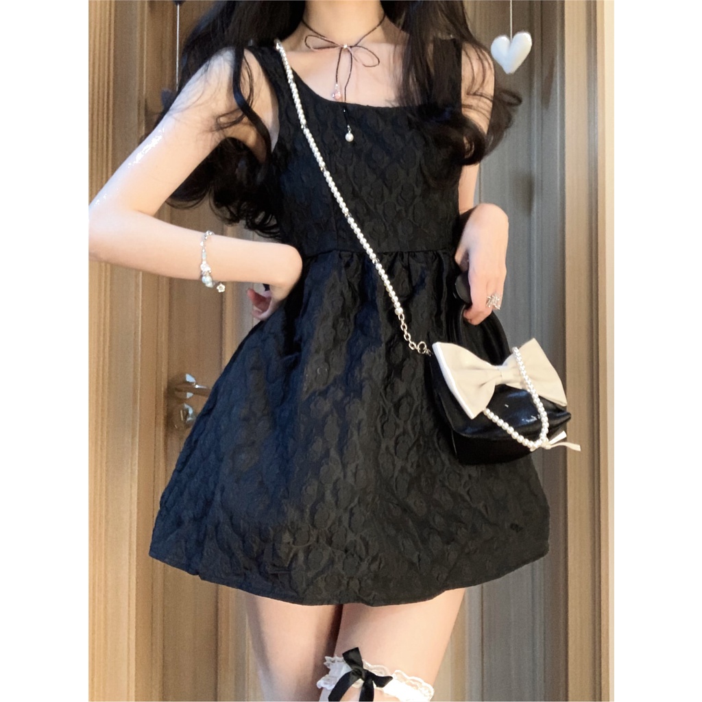 ◄✣✳cropped top ikatan simpul buka kembali ceruk hitam gaya balet gaun selempang dengan pinggang rok putri berbulu rok pendek wanita tanpa lengan #COD