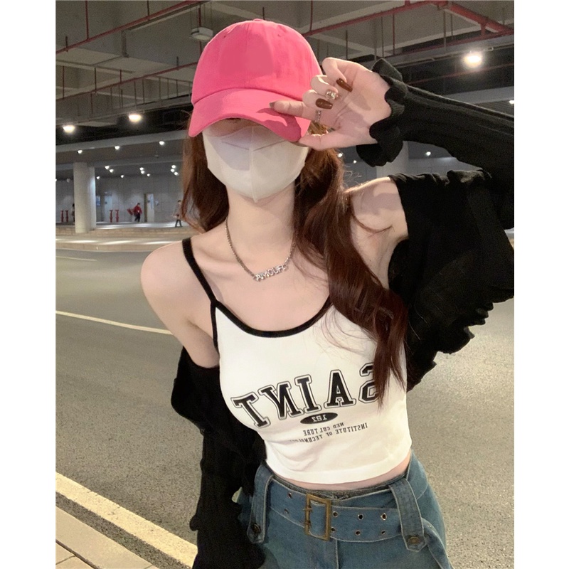 ❁✸﹍cropped top musim semi dan musim panas versi Korea dari surat splicing anti-light printing camisole pakaian dalam wanita slim fit outer wear short top women #COD