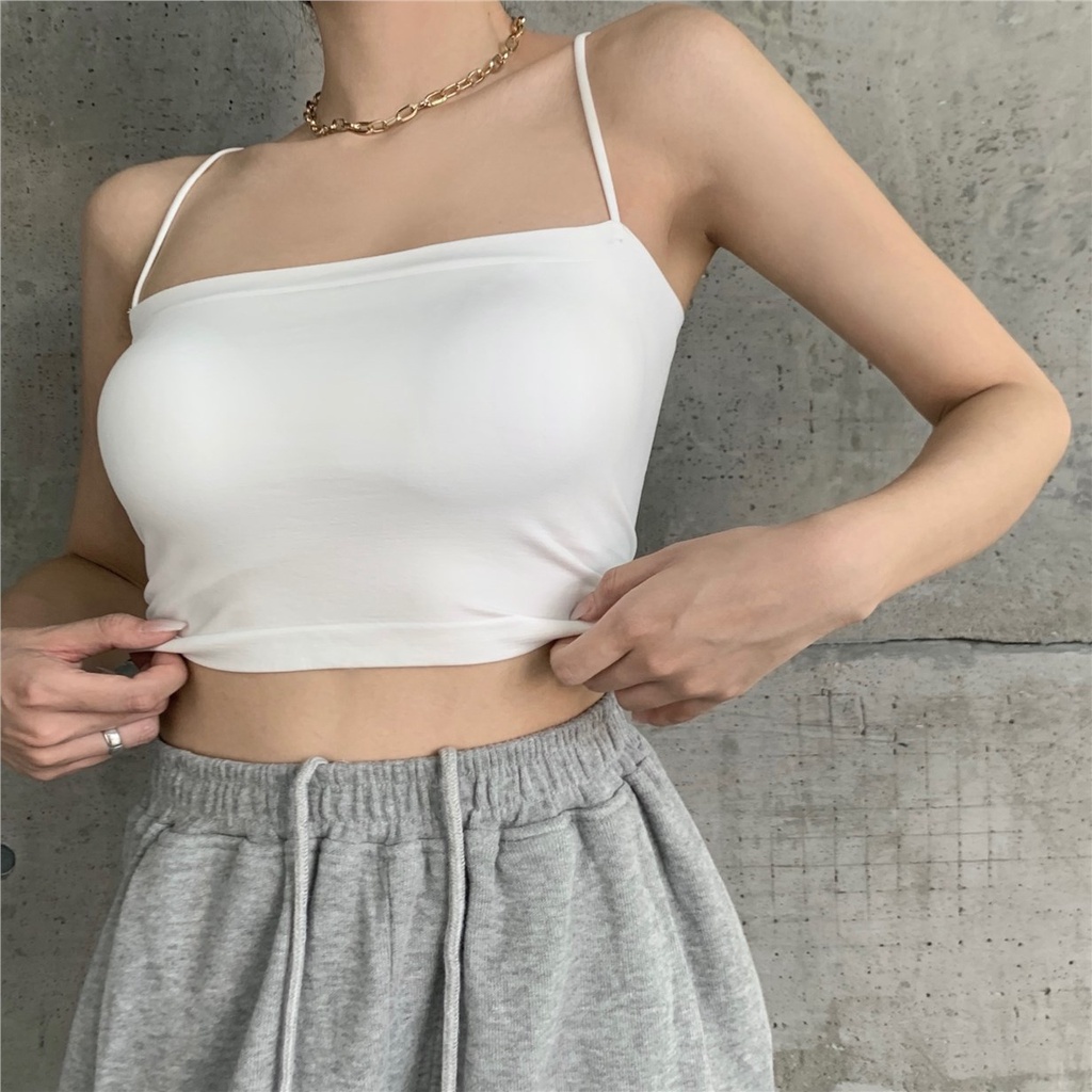 ♨ஐcropped top spring hot girls niche camisole camisole lingerie inner wear outer wear bottoming tube top pure desire top dibungkus dada dengan bantalan dada #COD