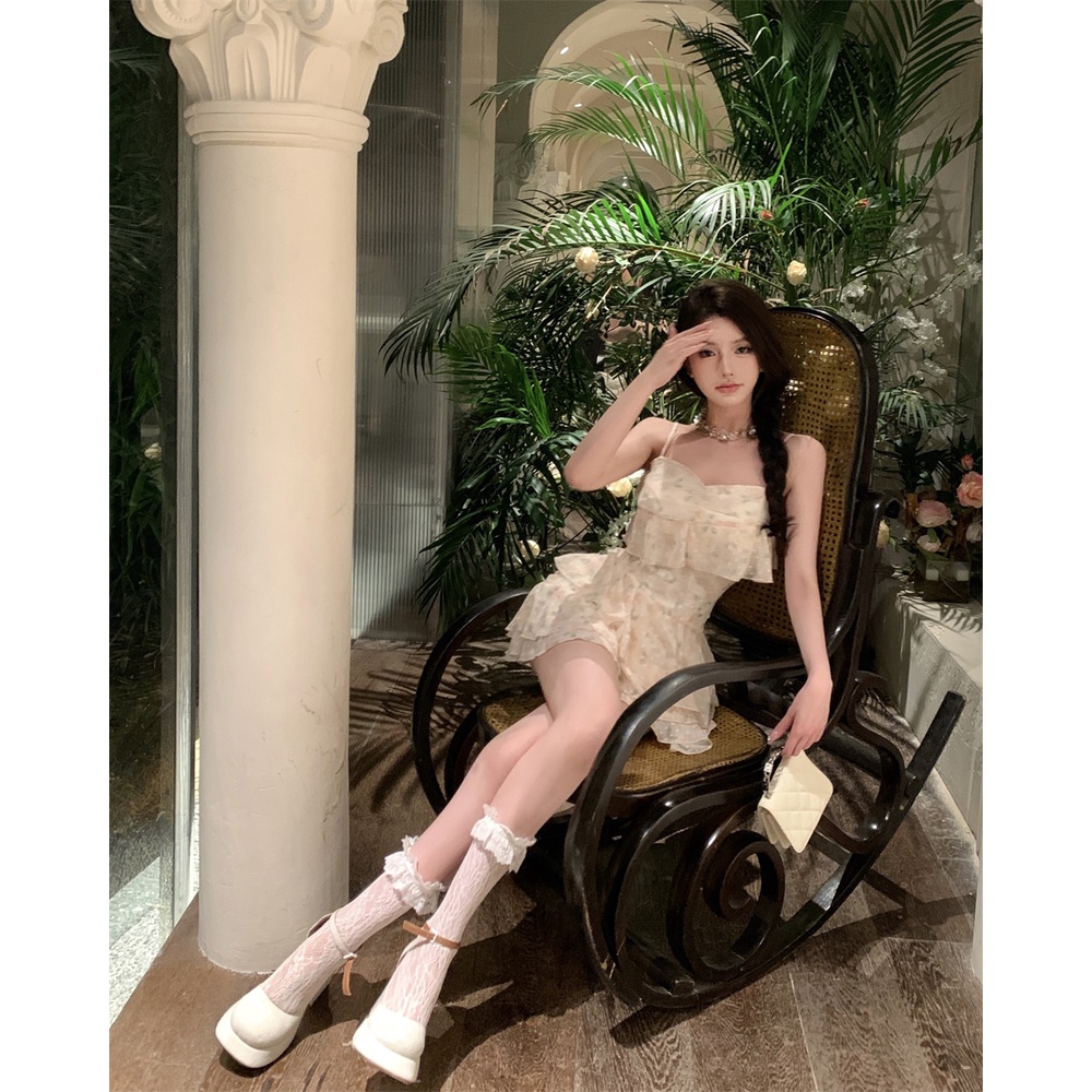 ❀☑cropped top one-shoulder suspender dress floral mengacak-acak setelan rok pendek musim panas keinginan murni lengan panjang kardigan kecil top wanita #COD