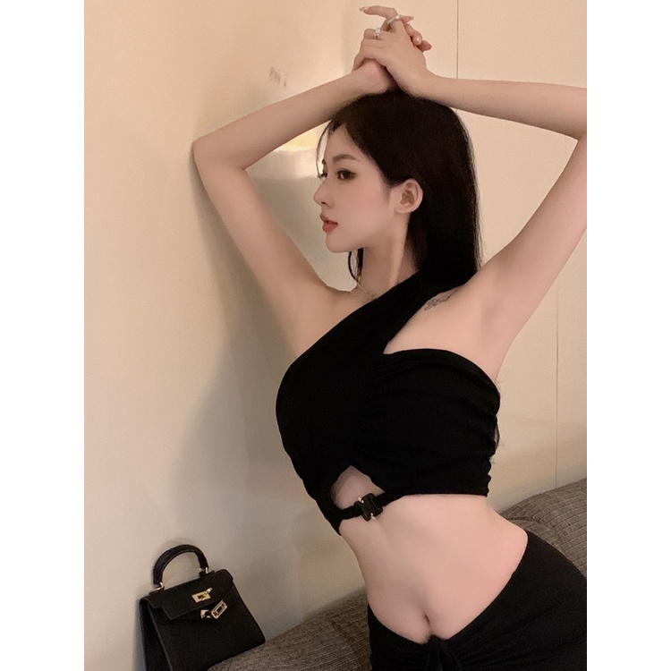 ♦cropped top short sexy black babes sleeveless niche summer one-shoulder outer wear inner bottoming shirt vest camisole top women #COD