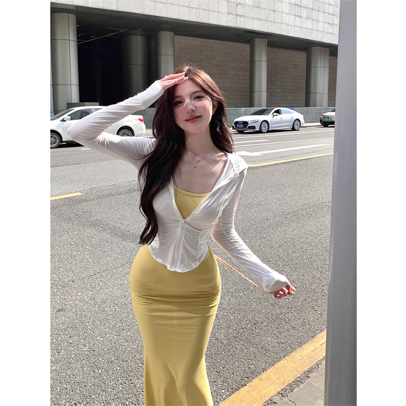 ◊✠❃cropped top ceruk ritsleting berkerudung lengan panjang tabir surya cardigan suit top summer suspender dress bag hip mermaid dress wanita #COD