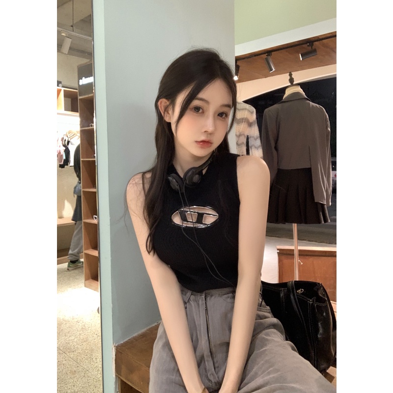 ♀cropped top short cutout letter hot girl knitted camisole Korean style top spring and summer tanpa lengan lapisan dalam anti-slip base girl #COD