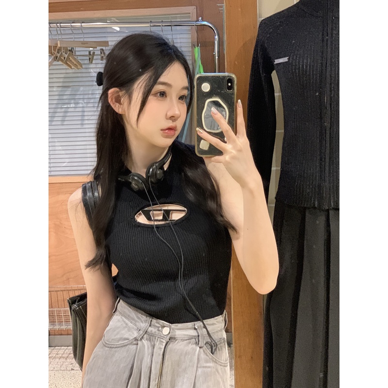 ♀cropped top short cutout letter hot girl knitted camisole Korean style top spring and summer tanpa lengan lapisan dalam anti-slip base girl #COD