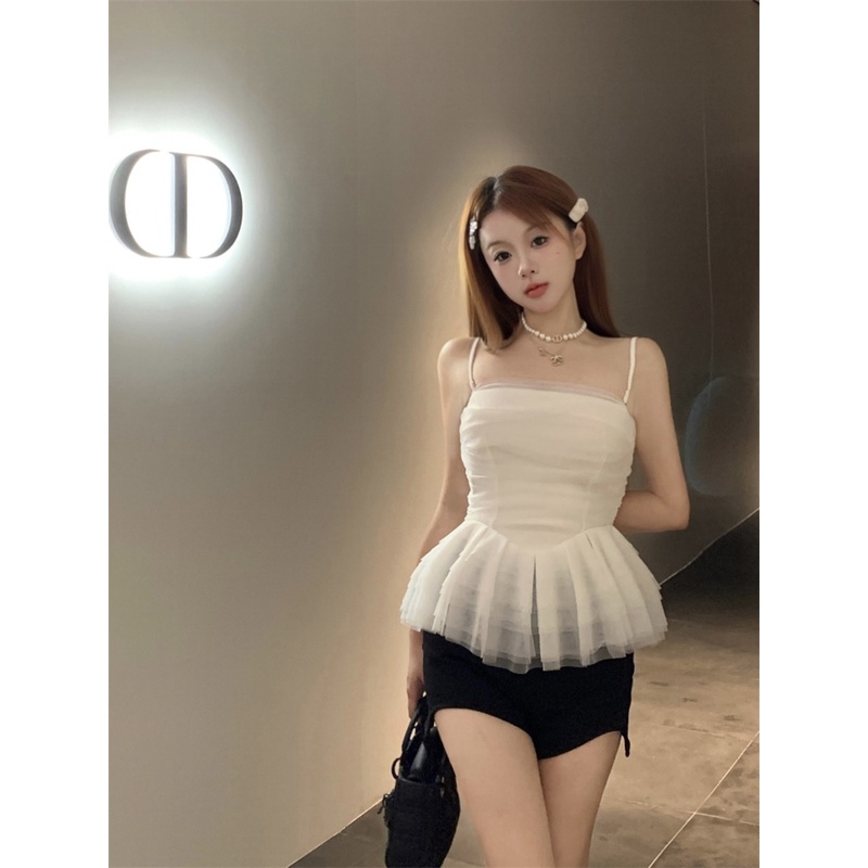 ☄☢❖cropped top Selebriti memakai tube top jala musim panas kamisol tanpa lengan top hot pants celana pendek setelan wanita ketat pinggang tinggi #COD