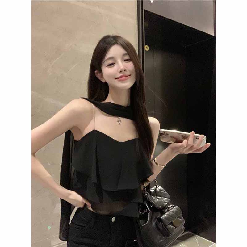 ▥cropped top musim semi dan musim panas mengacak-acak pita hitam tanpa lengan tidak beraturan kamisol sifon strapless hot girl short top women #COD