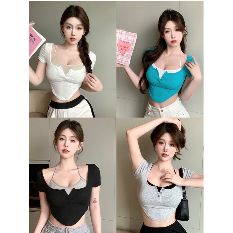 ๑cropped top baru inner halter neck camisole suit 2023 musim panas tombol slim square neck lengan pendek t-shirt top tren wanita #COD