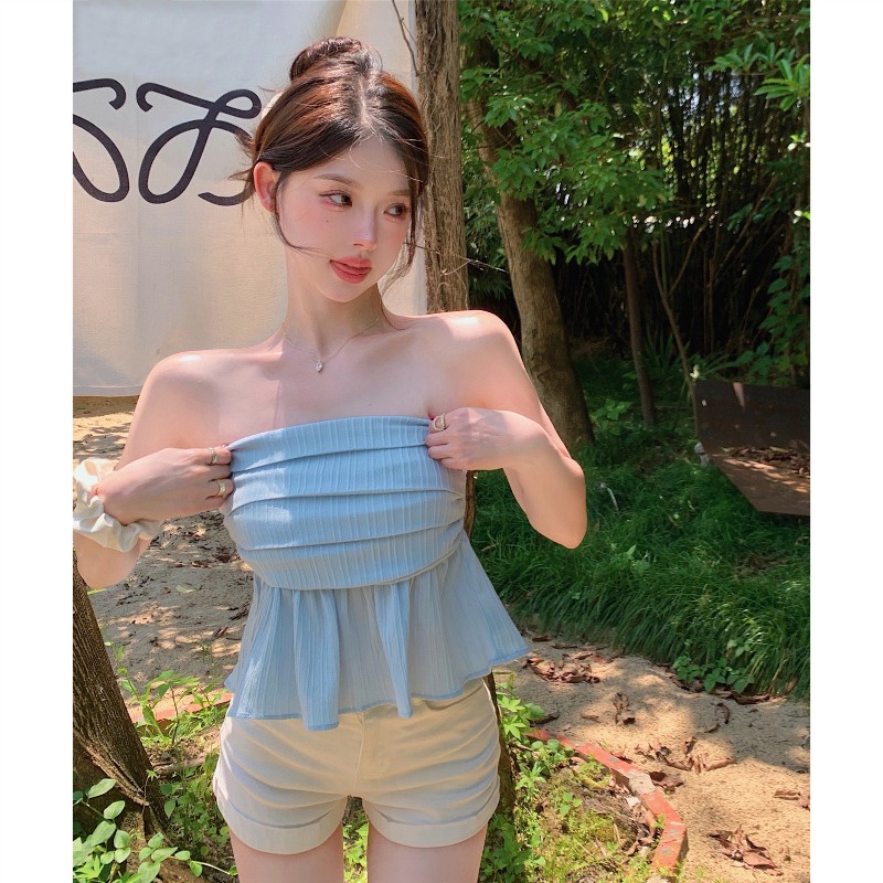 ┋✻Cropped top Kemeja kamisol gaya Korea untuk siswa di musim panas hot girl tube top terlihat tipis di dalam dan di luar memakai rompi pendek atas kemeja sifon wanita #COD