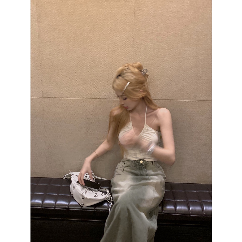 ✘☑cropped top putih lipit halter leher tanpa lengan pakaian luar musim panas rompi ketat atasan wanita anti-cahaya suspender dengan punggung terbuka unik #COD