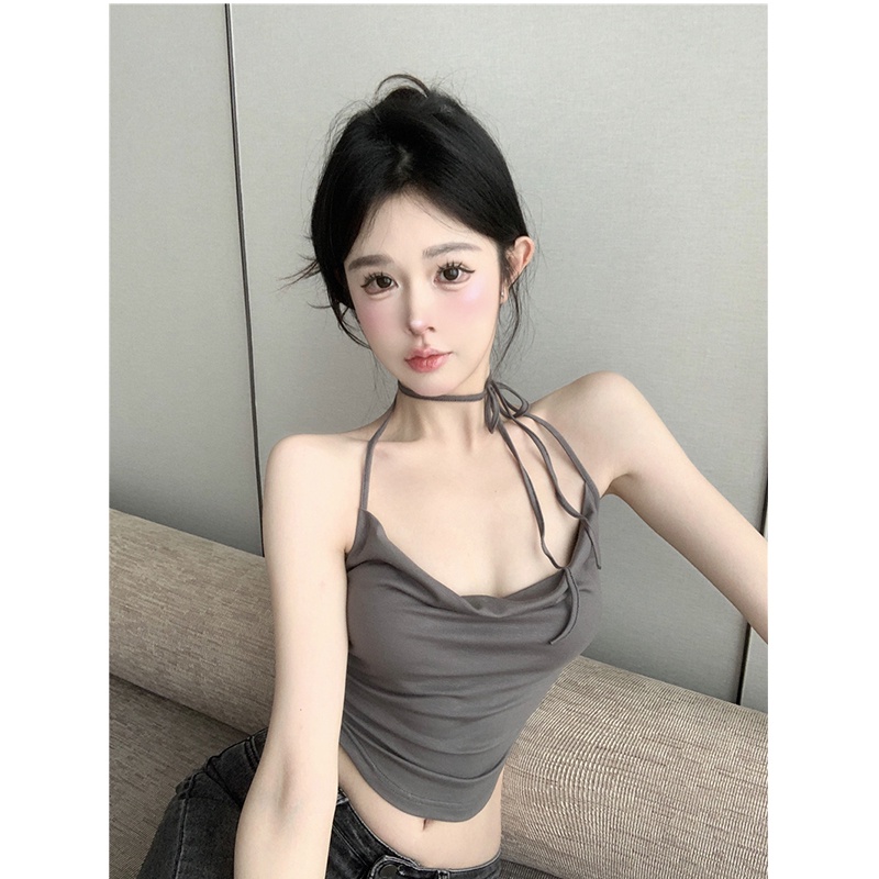 ✼۞◘cropped top babes lace-up short black slim fit sleeveless design swing collar camisole top women inner wear retro summer #COD