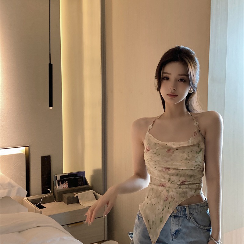 ☇✇ஐCropped top chiffon floral sling pakaian luar wanita musim semi dan musim panas tanpa lengan top sexy halter neck tube top vest kecil tidak beraturan #COD