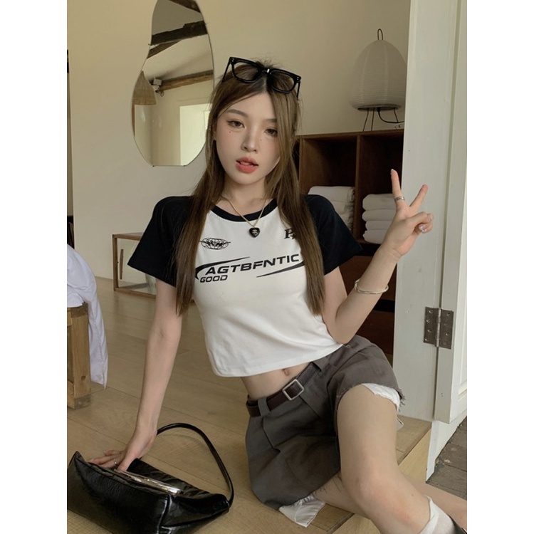 Suhao American retro leher bulat hot girl lengan pendek t-shirt wanita musim panas rasa desain kecil ceruk pendek lengan raglan top kaos impor wanita kaos wanita gaya korea lengan pendek kaos pendek perempuan