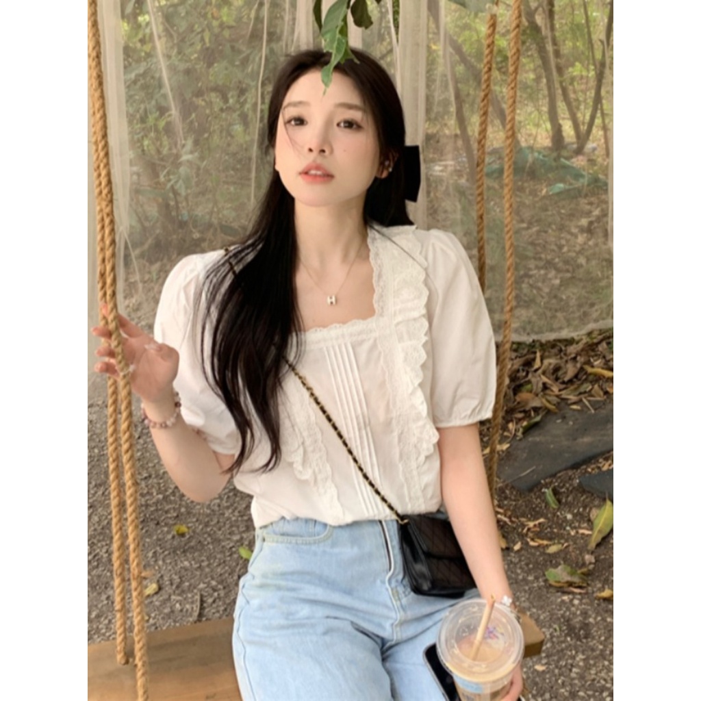 Suhao French gentle style lace square collar short-sleeved shirt ladies 2023 summer new loose white top kaos import wanita kaos wanita korean style lengan pendek kaos pendek perempuan