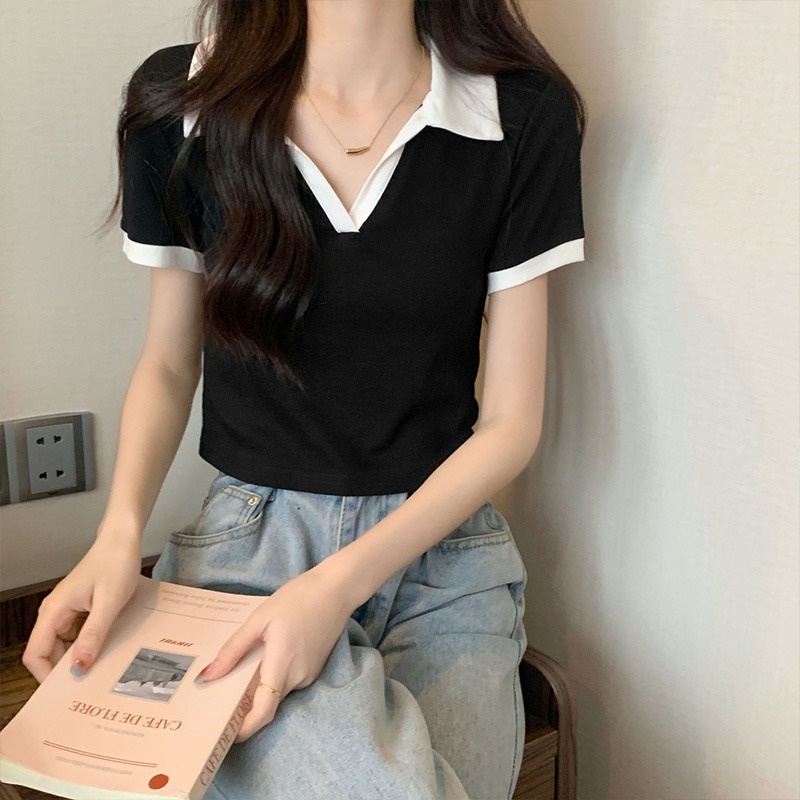 Suhao color contrast stitching pure cotton short-sleeve t-shirt women s 2023 summer new slim fit slim Polo collar short t-shirt top kaos import wanita kaos wanita gaya korea lengan pendek kaos pendek perempuan