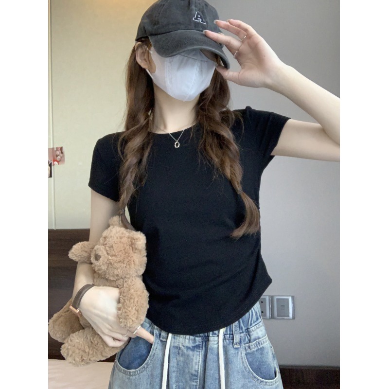 Suhao putih bahu depan lengan pendek t-shirt wanita musim panas 2023 baru melengkung hem lipit slim fit kecil pendek top kaos impor wanita kaos wanita gaya korea lengan pendek kaos pendek perempuan