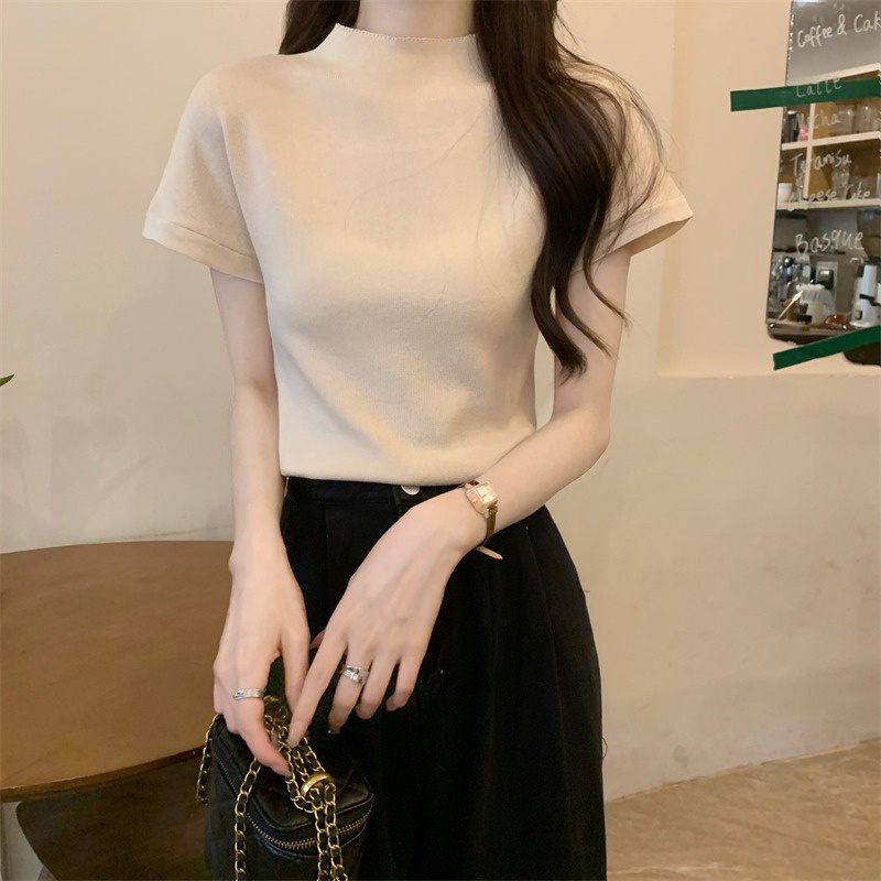 Suhao setengah tinggi kerah lengan pendek t-shirt wanita musim panas 2023 baru bagian tipis bottoming es sutra sweater depan bahu slim fit top kaos impor wanita kaos wanita gaya korea lengan pendek kaos pendek perempuan