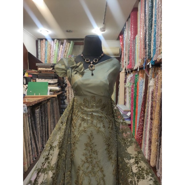 Kain Tile Brokat Etnik Payet Batu Akar Bridal AV397-22-3 hijau Olive