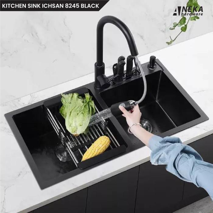 Terlaris Kitchen Sink Isan 8245 Black / Bak Cuci Piring 2 Lubang Hitam