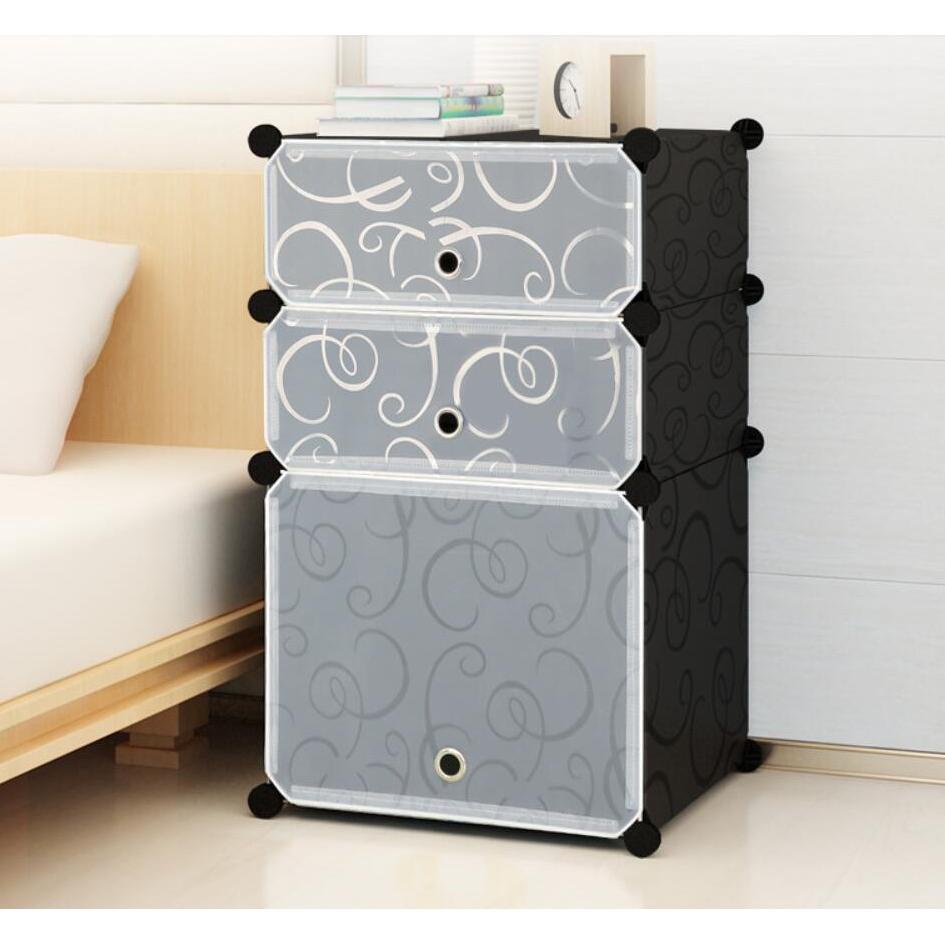 Lemari plastik bedside table anti air rak buku susun portable 3 kotak