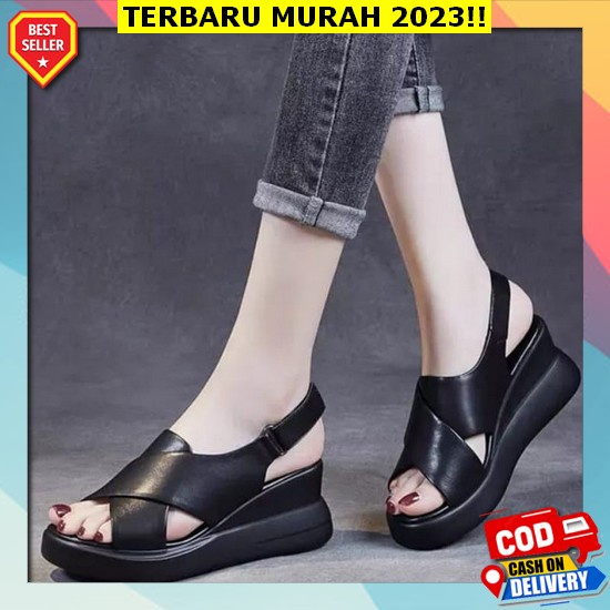 Sandal Wanita Tali Silang Wedges Import Remaja Selop Premium K2F5 Karet Kekinian Fashion Tertutup Pe