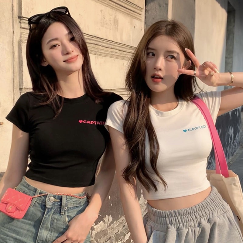 Red Musim Panas Baru Manis Gadis Panas Atasan Lengan Pendek Keinginan Murni Angin Bm Terkena Pusar Pinggang Tinggi Tipis Amerika In T-shirt Pendek Ketat