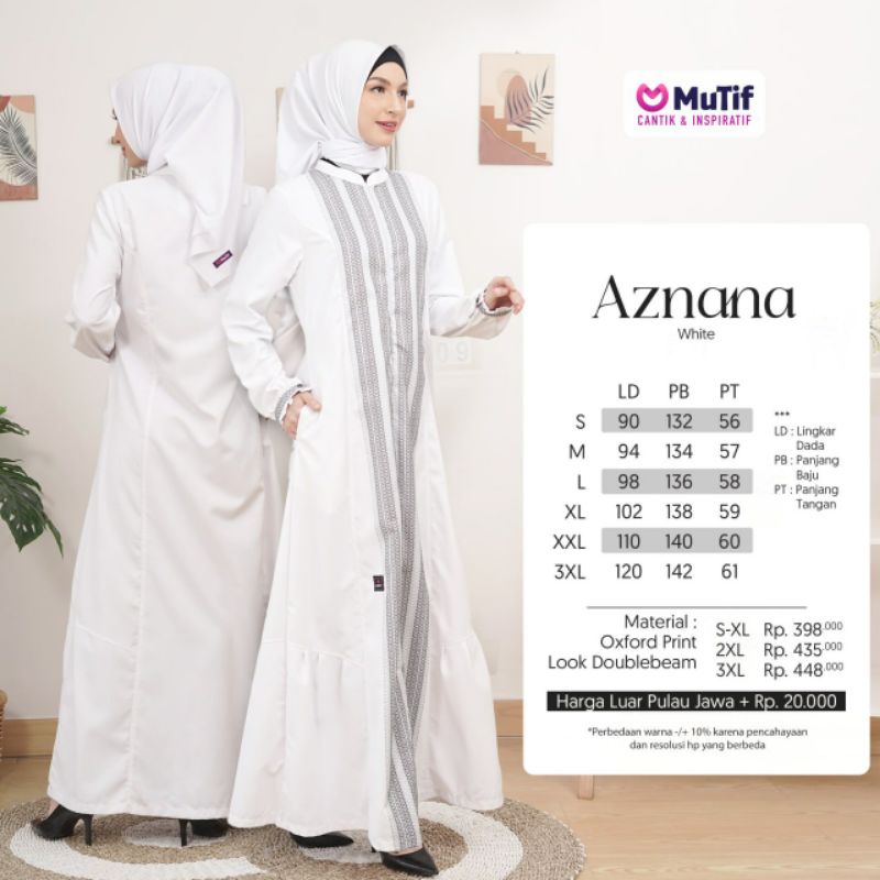 Mutif Aznana White Baju Muslim Gamis Dress Casual Premium Terbaru Ori Lebaran 2023 Sarimbit