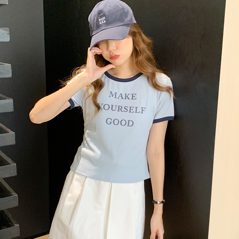 Suhao American retro simple slim fit shoulder short-sleeve women s t-shirt summer design sense niche print short hot girl top kaos import wanita kaos wanita gaya korea lengan pendek kaos pendek perempuan