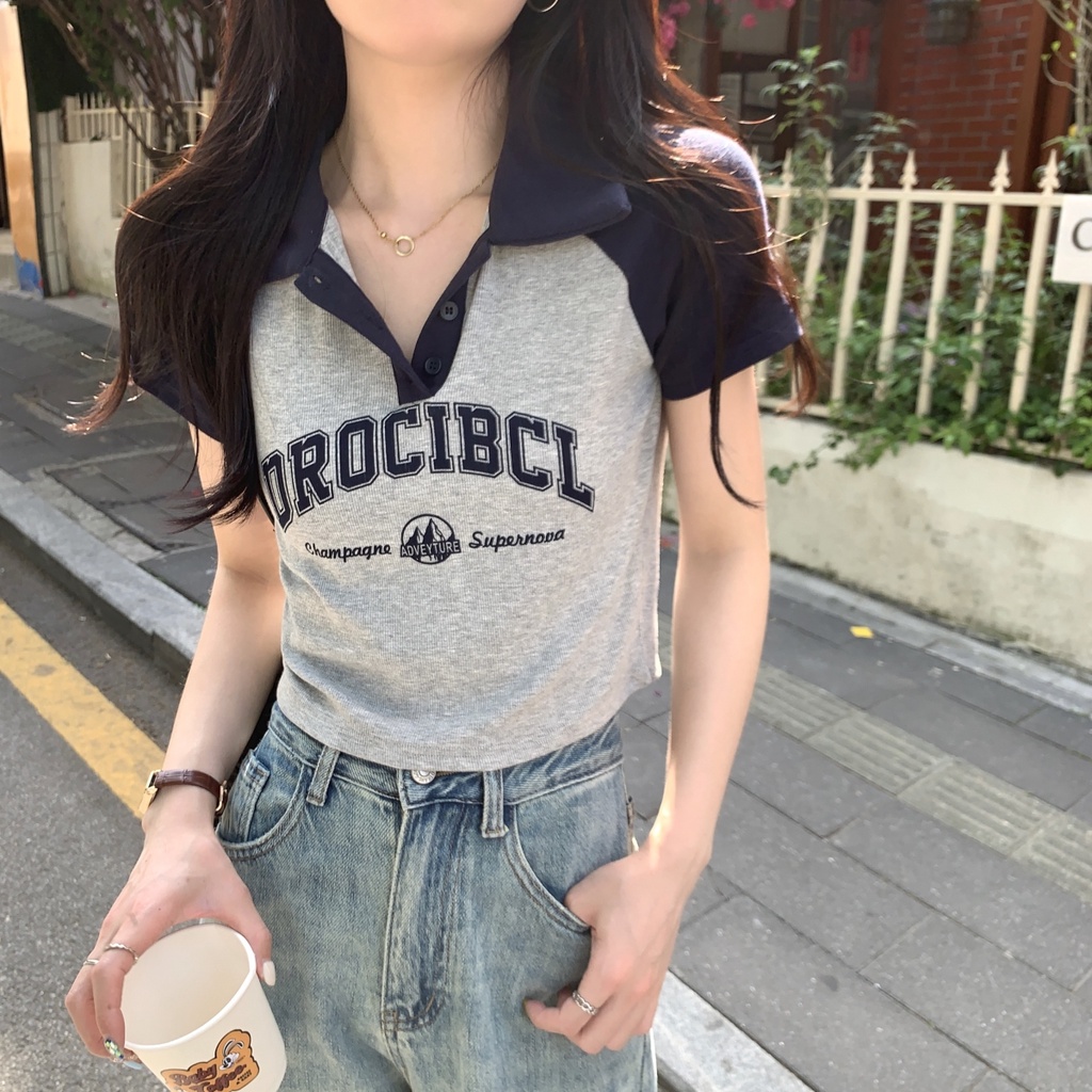Suhao raglan bahu lengan pendek polo kerah t-shirt wanita musim panas rasa desain ceruk American retro hot gadis chic pendek top musim panas kaos impor wanita kaos wanita gaya korea lengan pendek kaos pendek perempuan