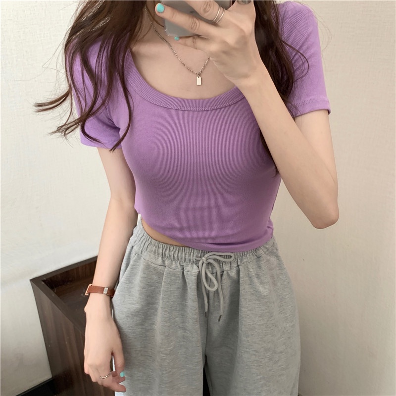 Suhao summer sweet hot girl U-neck front shoulder short-sleeve t-shirt feminin slim bottoming shirt short tight waist pinch top kaos import wanita kaos wanita gaya korea lengan pendek kaos pendek perempuan