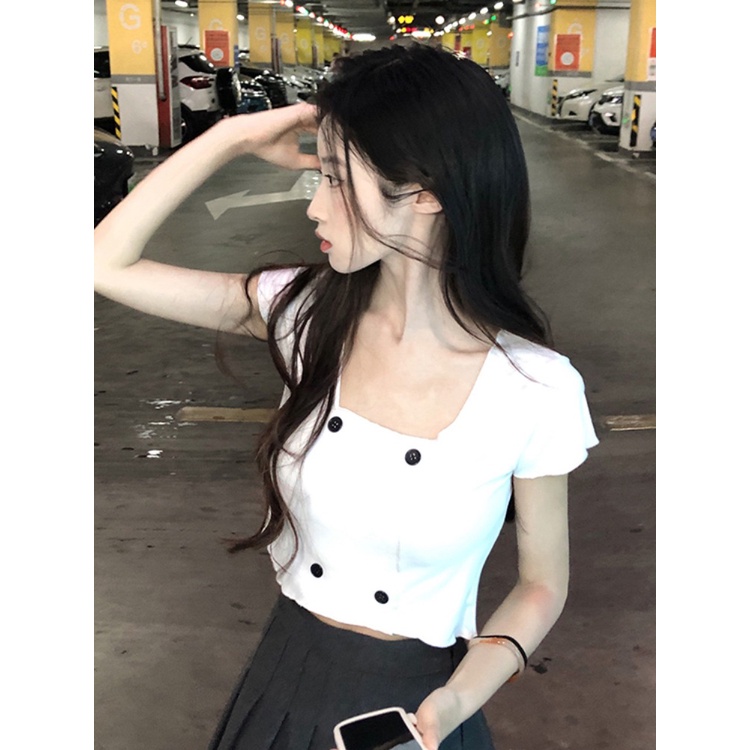 Suhao gaya keinginan murni hot girl square collar short-sleeve t-shirt women s summer new 2023 front shoulder slim fit and thin short temperament top kaos import wanita kaos wanita gaya korea lengan pendek kaos pendek perempuan