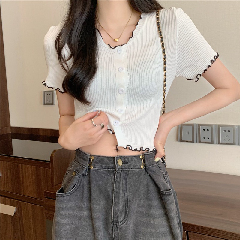 Suhao v-neck bahu depan t-shirt lengan pendek wanita musim panas rasa desain ceruk high-end Perancis lengan setengah kardigan pendek rajutan top kaos impor wanita kaos wanita gaya korea lengan pendek kaos pendek perempuan