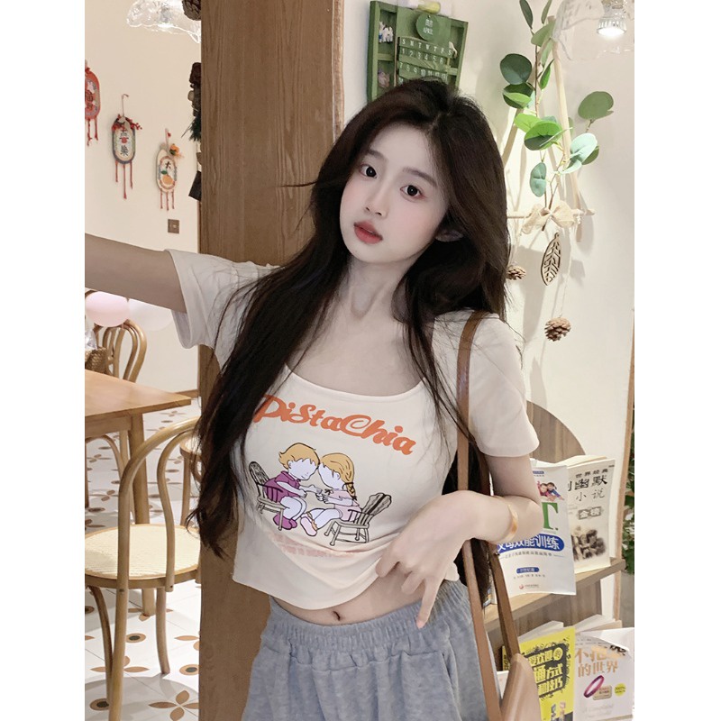 Suhao alpukat hijau kerah persegi dicetak bahu depan lengan pendek T-shirt wanita musim panas rasa desain niche slim slim top top kaos impor wanita kaos wanita gaya korea lengan pendek kaos pendek perempuan