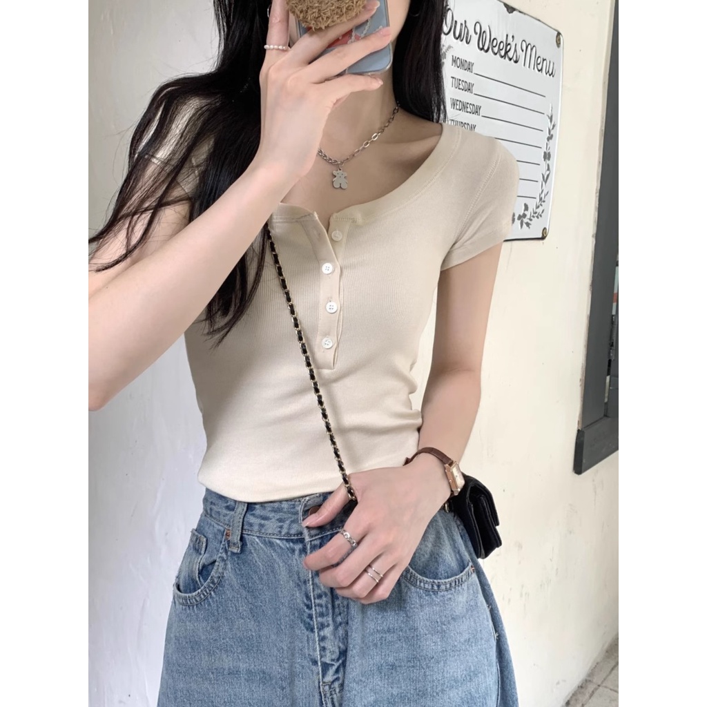 Suhao American hot girl large neckline front shoulder short-sleeve t-shirt women s summer design sense niche slim fit tight sexy short top kaos import wanita kaos wanita gaya korea lengan pendek kaos pendek perempuan