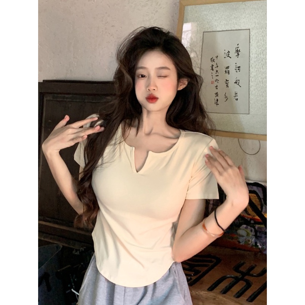 Suhao pink v-neck bahu depan lengan pendek T-shirt wanita musim panas gaya keinginan murni slim fit sexy irregular short sweet spicy top kaos import wanita kaos wanita gaya korea lengan pendek kaos pendek perempuan