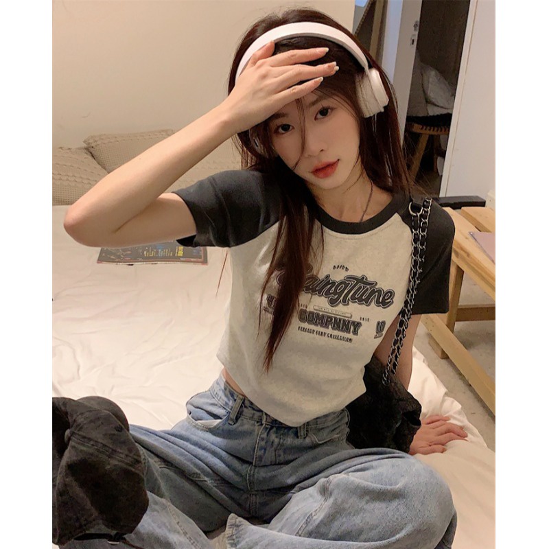 Suhao American retro bahu depan raglan lengan pendek t-shirt wanita musim panas musim panas pendek gadis seksi keinginan murni budidaya diri tipis crop top kaos impor wanita kaos wanita gaya korea lengan pendek kaos pendek perempuan