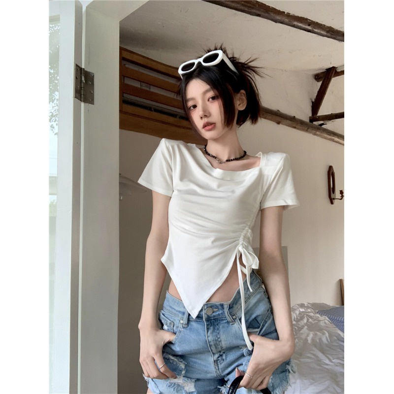 Suhao striped shoulder pad round neck short-sleeved t-shirt women s summer drawstring waistless design babes slim fit irregular short top kaos import wanita kaos wanita korean style lengan pendek kaos pendek perempuan