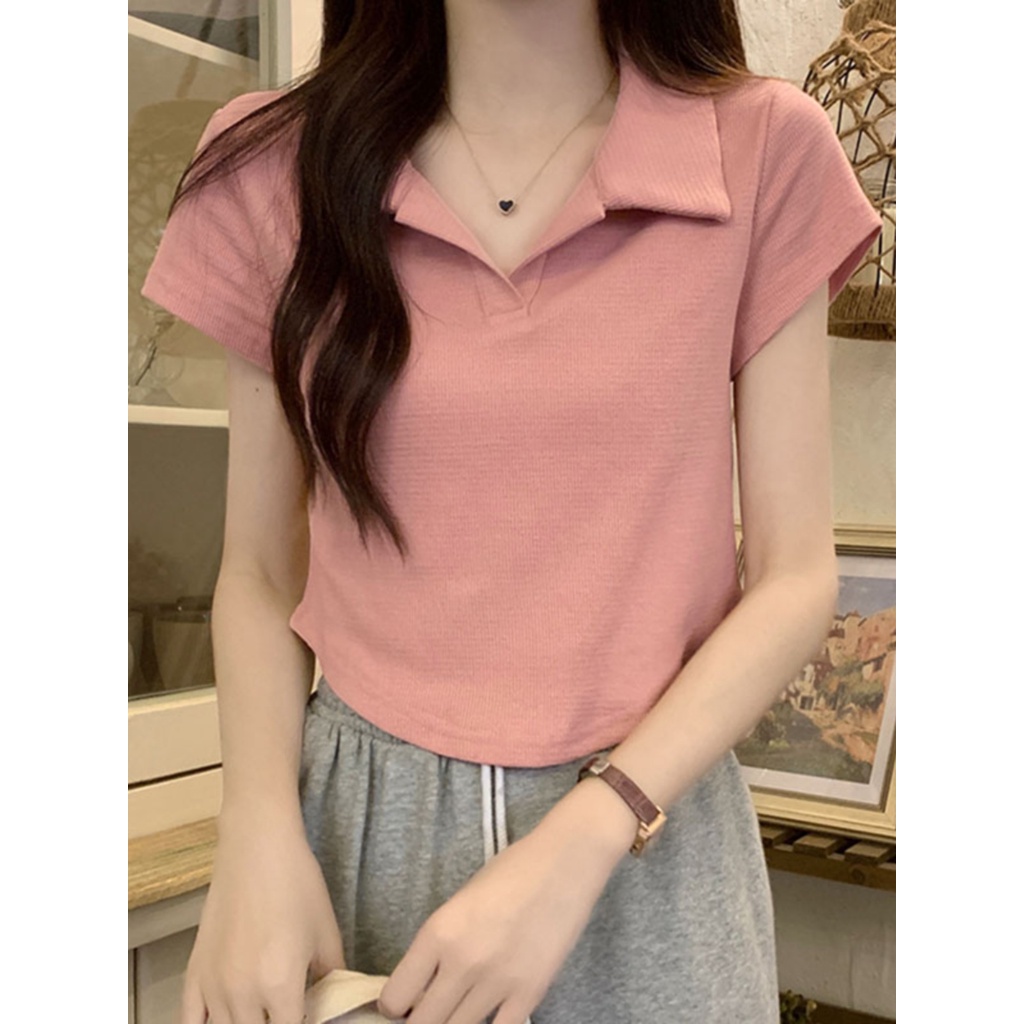 Suhao Pink Polo Kerah Bahu Depan Lengan Pendek T-shirt Wanita Musim Panas Gaya Keinginan Murni Manis dan Pedas Slim Pinggang Tinggi Pendek Atasan Pendek Kaos Import Wanita Kaos Wanita Gaya Korea Lengan Pendek Kaos Pendek Perempuan