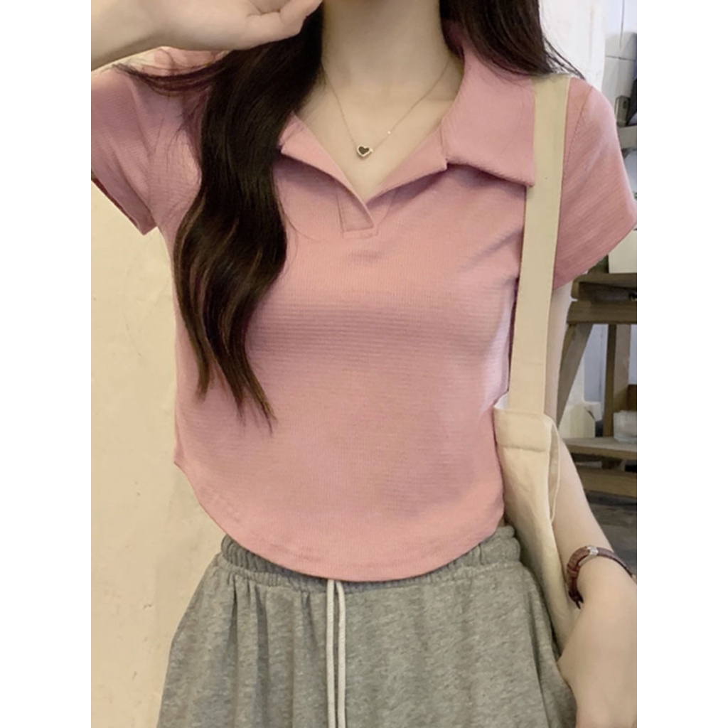 Suhao Pink Polo Kerah Bahu Depan Lengan Pendek T-shirt Wanita Musim Panas Gaya Keinginan Murni Manis dan Pedas Slim Pinggang Tinggi Pendek Atasan Pendek Kaos Import Wanita Kaos Wanita Gaya Korea Lengan Pendek Kaos Pendek Perempuan