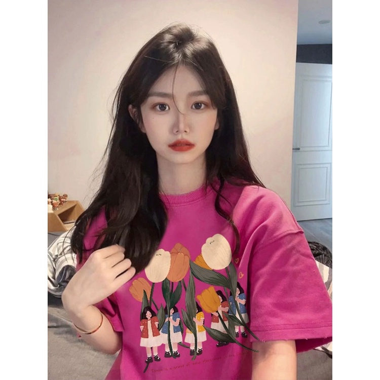 ▧☊∈Suhao kaos import wanita kaos wanita korean style lengan pendek kaos pendek perempuan dragon fruit pink front shoulder short-sleeved t-shirt female small summer 2023 new tulip half-sleeved dopamine top