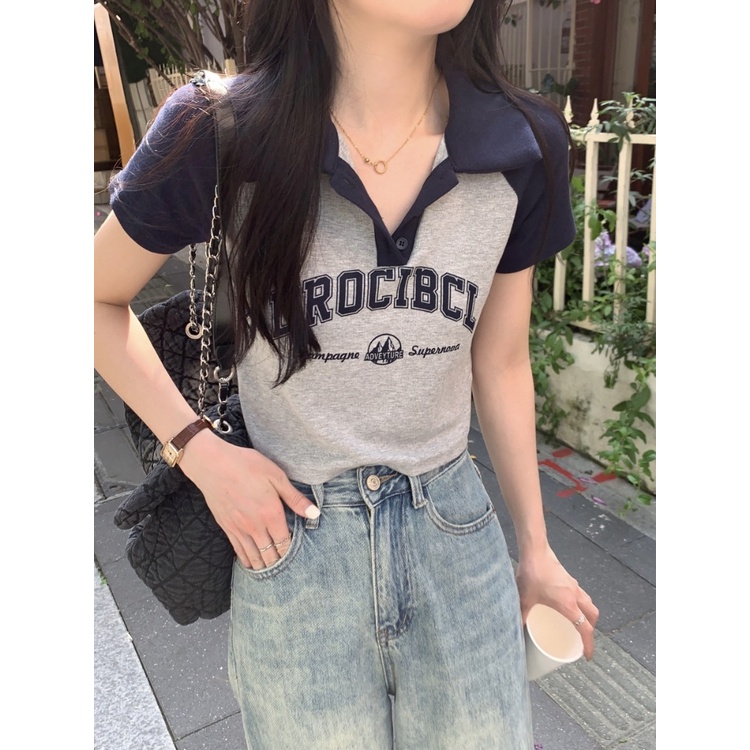 ☾☁✇Suhao kaos import wanita kaos wanita gaya korea lengan pendek kaos pendek perempuan American retro POLO kerah jahitan raglan lengan pendek T-shirt wanita musim panas hot gadis V-neck slim fit pendek bahan katun