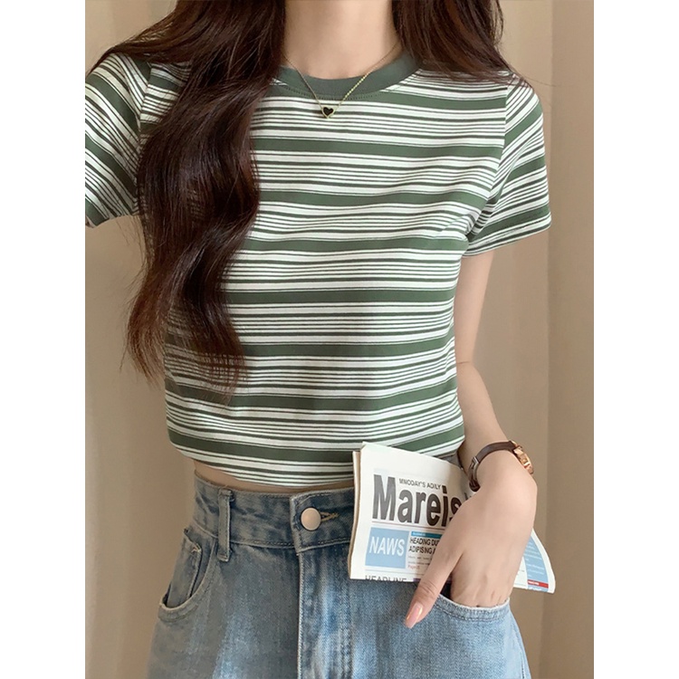 ▼Suhao kaos import wanita kaos wanita gaya korea lengan pendek kaos pendek perempuan American retro color contrast striped shoulder T-shirt women s short-sleeved summer 2023 new sweet hot girl tight crop top