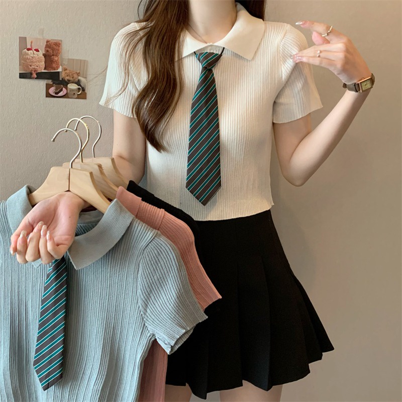 ♘▽☂Suhao kaos import wanita kaos wanita model korea lengan pendek kaos pendek perempuan student retro British style polo collar short-sleeve knitted t-shirt women s summer high waist short college style tie top