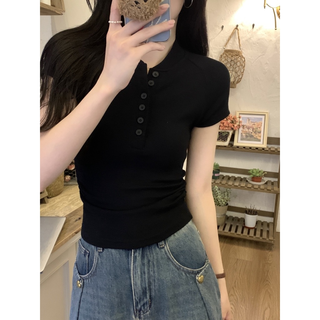 ﹍❏✺Suhao kaos import wanita kaos wanita gaya korea lengan pendek kaos pendek perempuan American retro bahu depan lengan pendek T-shirt wanita musim panas desain rasa ceruk katun raglan ketat lengan pendek atasan pendek