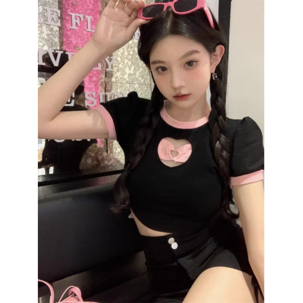 ☸Suhao kaos import wanita kaos wanita gaya korea lengan pendek kaos pendek perempuan hollow heart front shoulder short-sleeved t-shirt women s summer bow tie strapless waist design slim short bm top