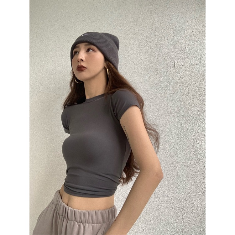 ✚Suhao kaos import wanita kaos wanita gaya korea lengan pendek kaos pendek perempuan hitam berpinggang tinggi bahu lengan pendek t-shirt wanita musim panas slim fit ketat dalaman seksi hot girl crop top merah