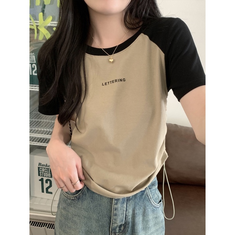 ✲✱Suhao kaos import wanita kaos wanita gaya korea lengan pendek kaos pendek perempuan American retro regular drawstring short-sleeved T-shirt women s summer slim-fit raglan sleeve T-shirt contrasting color hot girl jacket