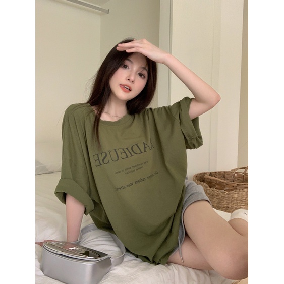 ✶∋✜Suhao kaos import wanita kaos wanita gaya korea lengan pendek kaos pendek perempuan American retro round neck loose shoulder short-sleeve t-shirt women s summer letter print chic niche design top