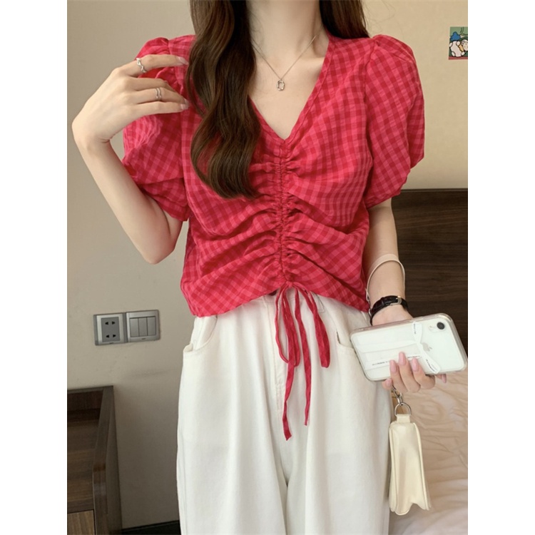 ♙Suhao kaos import wanita kaos wanita gaya korea lengan pendek kaos pendek perempuan regular drawstring French v-neck bubble short-sleeved shirt women s summer slim fit chic chic chic short top